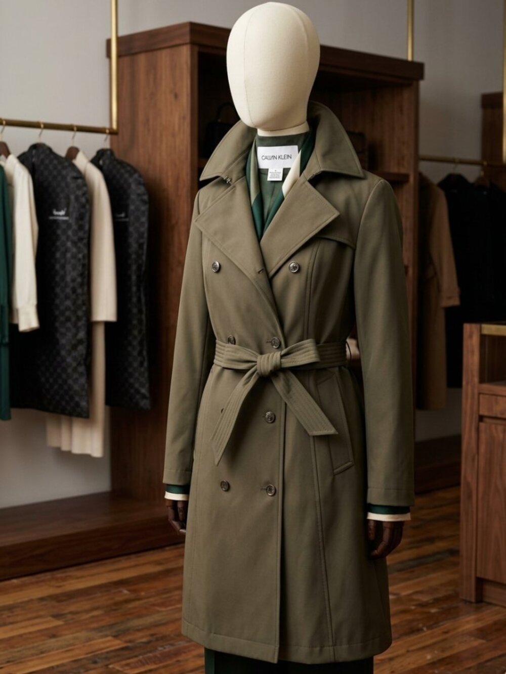 Calvin Klein Olive Trench Coat with Belt - Excellent Cond.